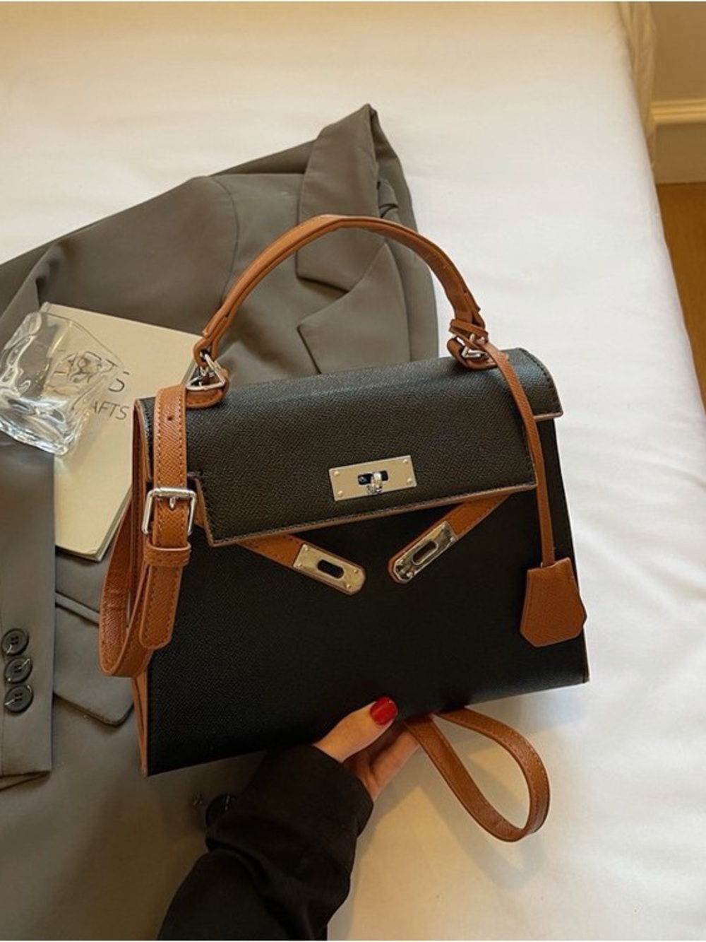 Black Satchel with Tan Trim – Women's Top-Handle Bag